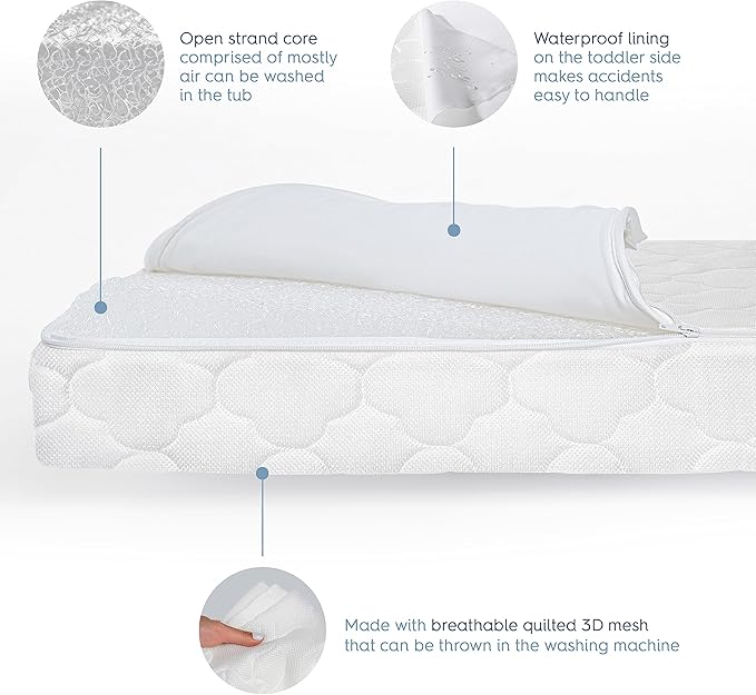 HALO DreamWeave Crib & Toddler Mattress - 100% Breathable Mattress and Core, Dual Sided 2-Stage Design, Machine Washable Cover, Hypoallergenic, Open Strand Polymer Core, Greenguard Cert.
