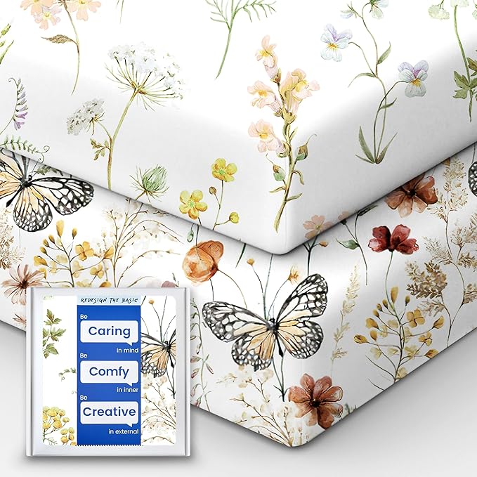 TotBasic Crib Sheets for Boy Girl, Premium Soft Butterfly Crib Mattress Fitted Sheet, Ultra Breathable Baby Sheets, Super Stretchy Baby Bed Sheets 28''x52''x9'' Extra Deep Pocket, 2 Pack