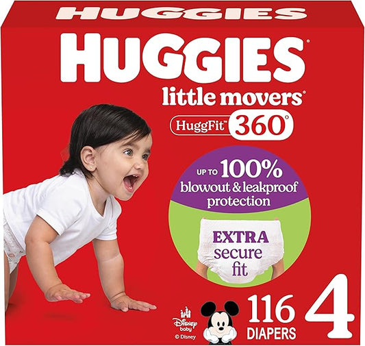 Huggies Size 4 Baby Diapers, Little Movers HuggFit 360° Baby Diapers with 360° Waistband, Size 4 (22-37 lbs), 116 Count, Packaging May Vary