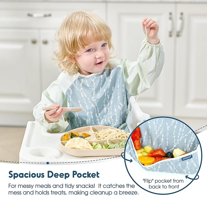 GRSSDER 2 Pack Long Sleeve Baby Feeding Bibs, Super Soft Lightweight Waterproof Coverall Baby Led Weaning Bib with Large Food Catcher Pocket, Adjustable and Easy Clean for 6-30 Months