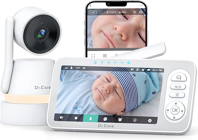 Dr.Care 5" Smart WiFi Baby Monitor - 1080P Split Screen & 2K Camera，Privacy Mode, Multi-User, 5000mAh Removable Battery, RGB Night Light, Cry & Motion Alerts, App Control, HD Night Vision