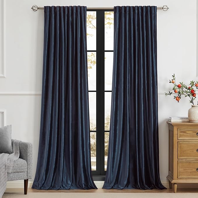 100% Full Blackout Navy Blue Velvet Curtains 108 inch Long for Living Room,Set of 2 Panels Liner Rod Pocket Back Tab Thermal Window Curtains Room Darkening Heavy Decorative Drapes for Bedroom