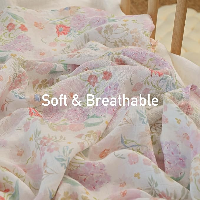 GLLQUEN BABY Muslin Swaddle Blankets Breathable Receiving Blankets (35" x 40") 2-Pack Soft Baby Blankets for Girls and Boys Newborn Essentials Muslin Burp Cloths Swaddle Wrap Baby Gift(Floral Dream)