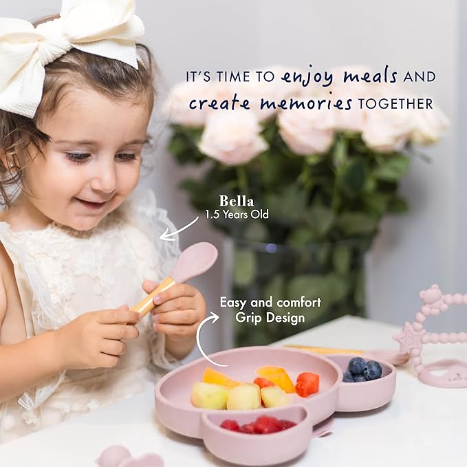 Silicone Baby Feeding Set - Complete Baby Led Weaning Supplies with Non-Toxic Silicone Bibs, Suction Plates, Suction Baby Bowl, Sippy Cup, Baby Spoons and Fork, Toddler Utensils (Angelic Pink)
