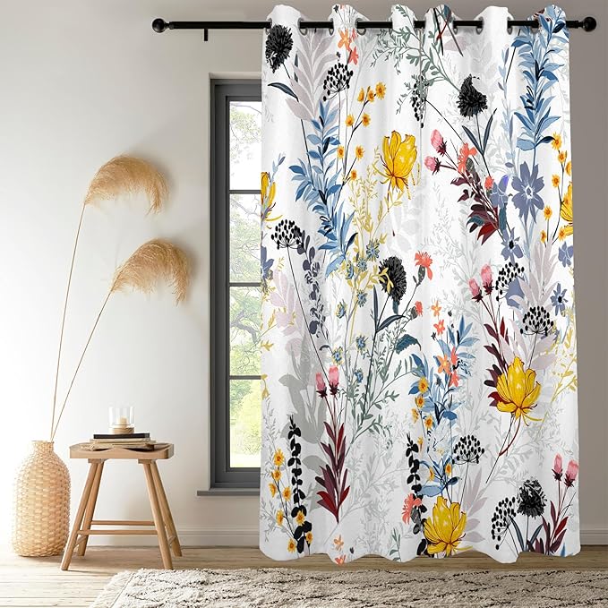 Renaiss Botanical Plants Blackout Curtains, Wild Flowers Plants Print Thermal Insulated Bedroom Window Curtains, Boho Floral Window Drapes for Living Room, 84" L x 42" W 2 Panel Set