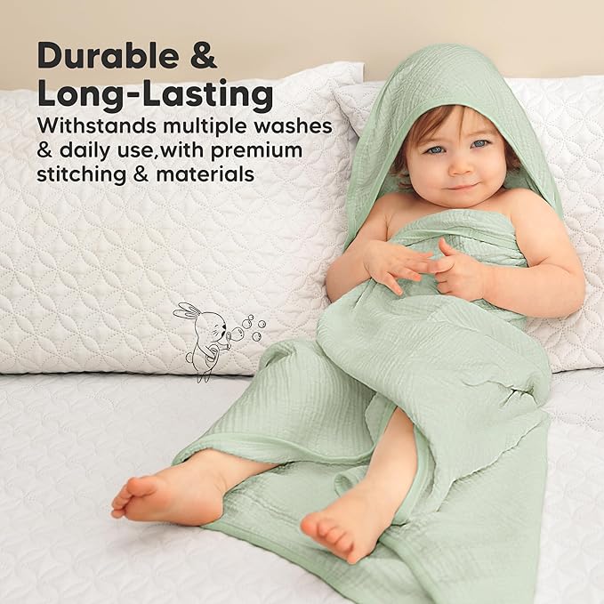 KeaBabies Muslin Hooded Baby Towels for Newborn Girls, Boys - 2-Pack, 30x30 Organic Cotton Baby Bath Towels Hooded, Soft Absorbent, Toddlers, Kids, Infant, Newborn Bath Essentials (Sage, Petite)