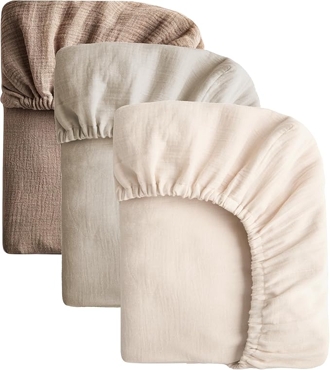 SOULFUL Muslin Crib Sheets for Boys Girls, 3 Pack Soft and Breathable Cotton Fitted Crib Sheets for Standard Crib Mattress (28"x 52", Beige & Light Tan & Brown)