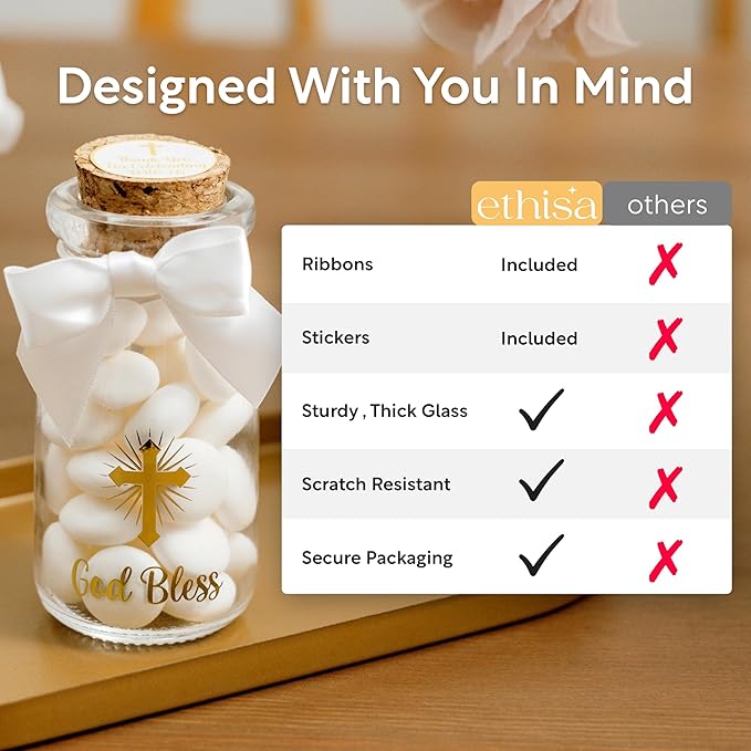Ethisa Small 12 Pack Baptism Glass Bottles with Ribbons and Stickers - God Bless Party Favors for Baptism and 1st Communion - Bautizo Table Centerpieces Decorations - Baby Christening Theme Candy Jar