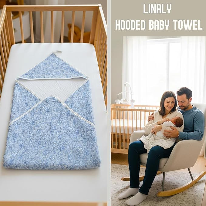 2-Pack Muslin Hooded Baby Towels, 100% Cotton, Towels for Babies, Infants, Toddles, Soft and Absorbent for Boy and Girl, Double Layered Baby Towel With Hood, Babies Muslin Towel Set (Blue Flowers)