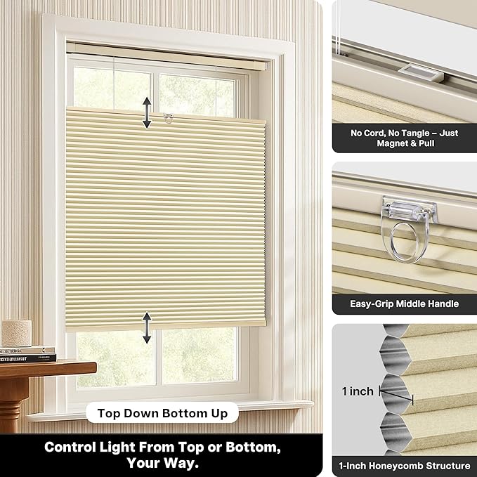 Lazblinds Upgraded Top Down Bottom Up (TDBU) Honeycomb Blinds, No Drill No Tools Easy Install Cordless Cellular Shades for Windows 27" W x 64" H, Beige - Blackout