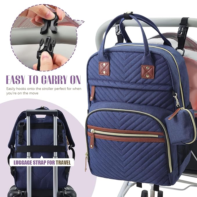 Tuwubi Diaper Bag Backpack, Baby Essentials Travel Tote Bag, Multi function Waterproof Backpacks, Travel Essentials with Stroller Straps & Pacifier Case - Blue