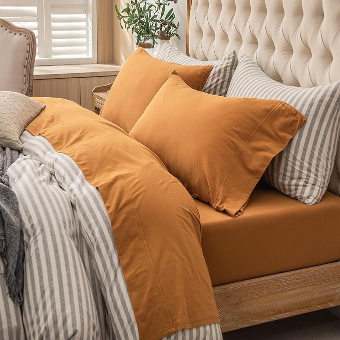 PURE ERA Jersey Knit 4pc Bed Sheet Set 100% T-Shirt Heather Cotton Super Soft Comfy Breathable Fits Mattress Up to 20" Extra Deep Pocket (Solid Burnt Orange, Cal King)