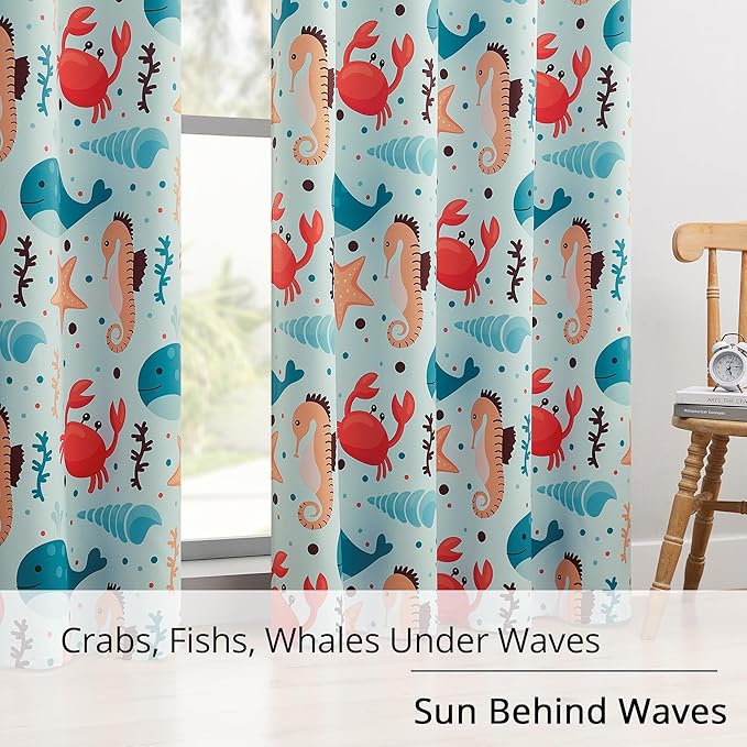 Kids Blackout Curtains - Ocean Whale Design, 100% Blackout, 2 Panels, Each W52×L63, Thermal Insulated for Bedroom, Noise Reducing, Excellent Colorfastness, Dive into an underwater adventure