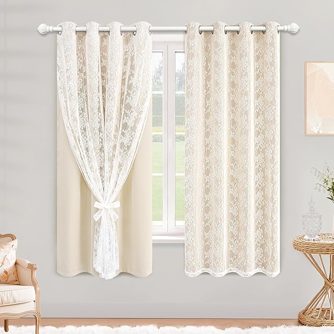 Yinhua Blackout Curtains for Bedroom Double Layer Beige Curtains for Living Room 84 Inch Length 2 Panels Set Kid Curtain with Floral Sheer Overlay, Grommet Drapes with Tiebacks, 52" W x 63" L