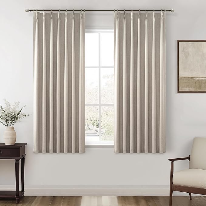 GreyFlax Black Out 54 Inches Long Boho Small Curtains 2 Panels Set, Farmhouse Short Curtain for Bedroom/Bathroom/Kitchen Thermal Insulated Flax Linen Pinch Pleated Bay Window Drapes (40"Wx54"L)