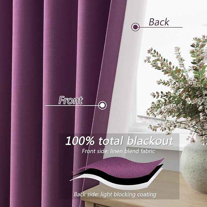 Guken Purple 100% Blackout Curtains 72 Inch Length 2 Panels Set for Living Room Bedroom Back Tab Thermal Insulated Black Out Linen Drapes Room Darkening Window Curtains 52 Inches Width