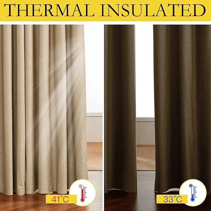 NICETOWN 100% Blackout Linen Curtains with Thermal Insulated White Liner, Camel, 52" Wide by 63" Long, 2 Pieces, Rod Pocket & Back Tab Linen Blend Privacy Window Treatments for Bedroom/Kids' Room