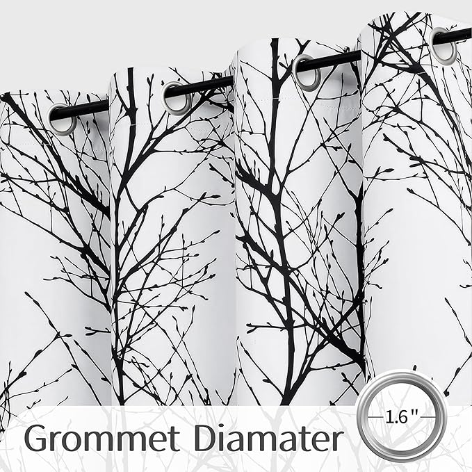 FMFUNCTEX 100% Blackout Branch Curtains for Bedroom, Curtains 96 Inches Long Black Tree Window Curtains for Living Room, Thermal Insulated Patterned Farmhouse Drapes, Room Darkening Grommet 2 Panels