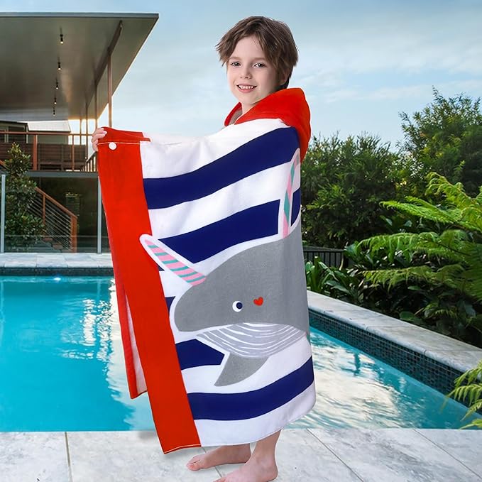 VOOVA & MOVAS Hooded Beach Towel for Kids,(3-8 Years, 30''X50),Absorbent 100% Cotton Towel Wrap for Boys, Perfect for Toddler Beach, Pool, Bath, Swimming, Hula-Hooping Narwhal