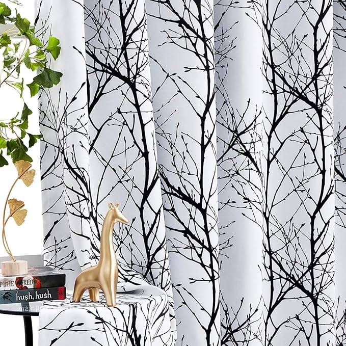 FMFUNCTEX 100% Blackout Curtains 84 Inches Long for Bedroom, Black White Thermal Insulated Room Darkening Patterned Curtains, Modern Tree Branch Drapes for Living Room,Grommet Top 2 Panels Set
