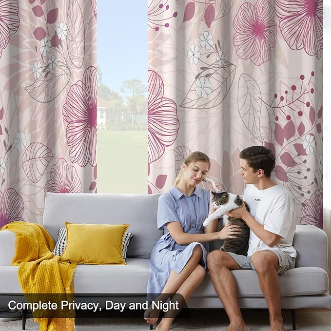 Blackout Curtains for Girls Bedroom, Pink Floral Black Out Curtains for Living Room Nursery 84 Inch Length 2 Panels Set, Room Darkening Grommet Thermal Curtains Farmhouse Soundproof Window Drapes
