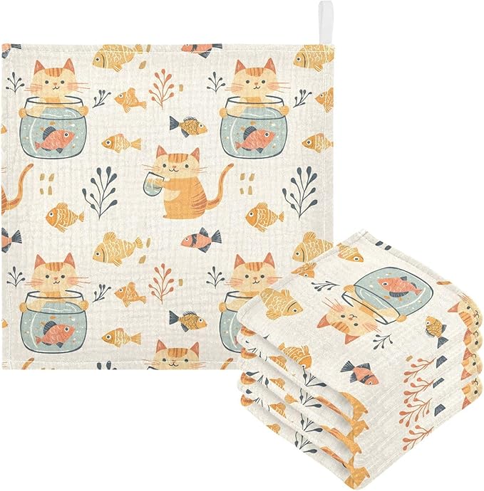 vvfelixl Cat Watch Fish Tank Baby Burp Cloths Baby Muslin Washcloths for Boys Girls Cotton Babys Face Towel for Newborn Infants Soft and Absorbent 11.8 X 11.8 in, 5 Pack