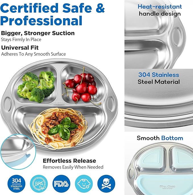 Mrs. Chou Stainless Steel Baby Suction Plates: Divided Plates for Babies and Toddlers, Made of 100% Food-Grade Materials Ideal for Baby-Led Weaning BPA-Free Toddler Feeding Dishwasher Safe Purple