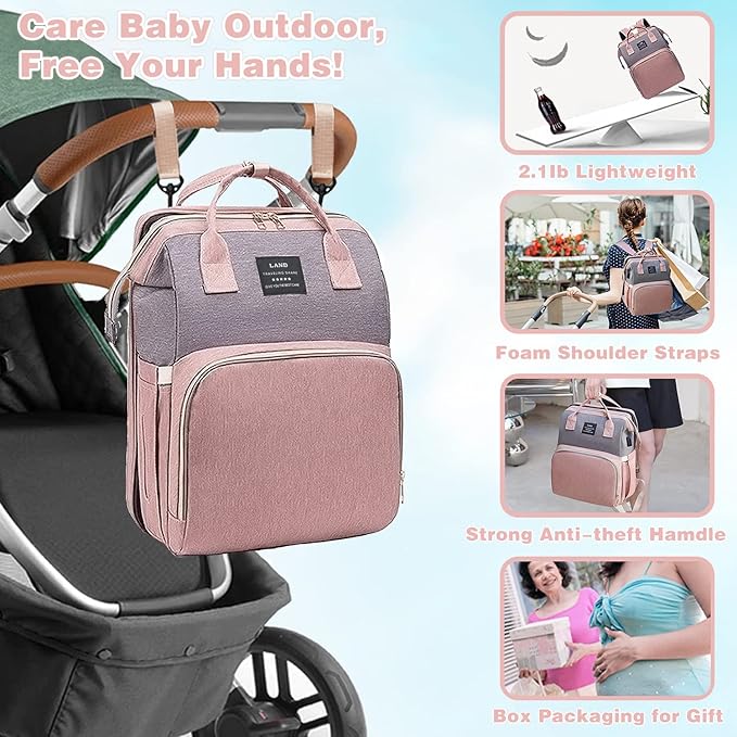 Baby Diaper Bags with Changing Station,900D Oxford Waterproof Diaper Bag Backpack for Moms Dads with USB Charging Port,Large Capacity Baby Essentials(Ungrade Pink Grey)