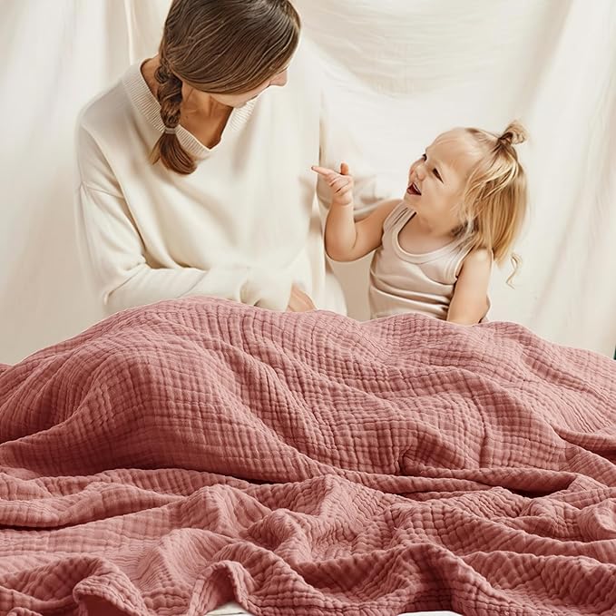 Carriediosa 100% Cotton Muslin Throw Blanket 108" X 90" King Size，4-Layers Summer Gauze Throws for Bed Couch，Soft Lightweight Breathable Linen Blankets Bedspread for Adults All Season，Mauve