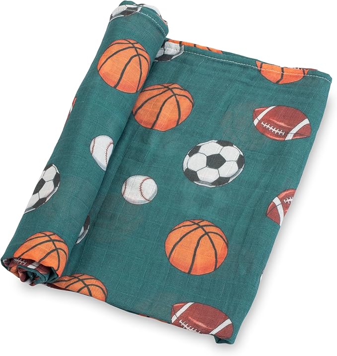 LollyBanks Muslin Swaddle Blankets, 100% Cotton Baby Swaddle Blanket for Boys, Large 47 x 47 Inches Newborn Swaddles, Soft and Breathable Baby Receiving Blankets, Registry (Sports Theme Print)