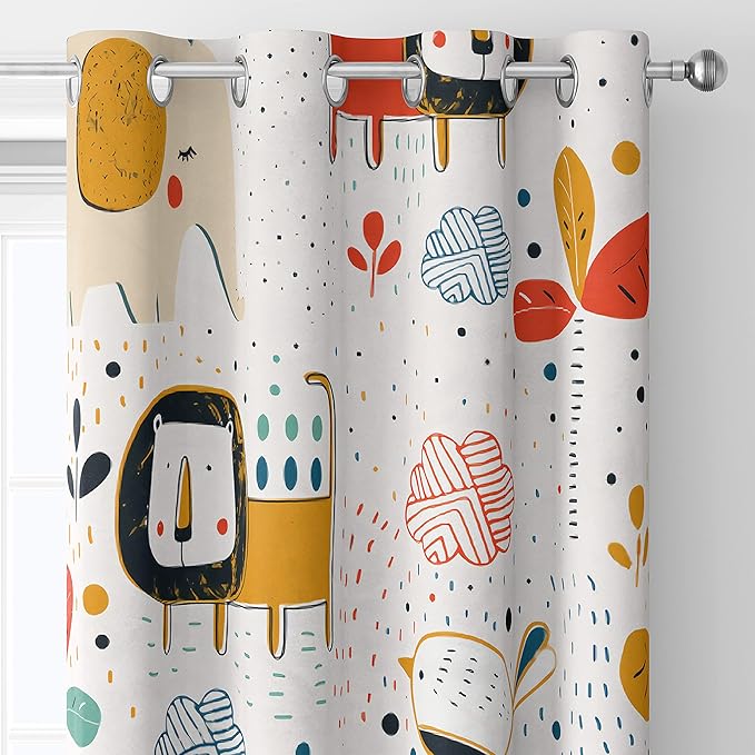 Kids Blackout Curtains ,Room Darkening Blackout Curtains Cartoon Cute Elephants Lions Birds and Tropical Plants Curtain Panel 85x85inch(214x214cm)
