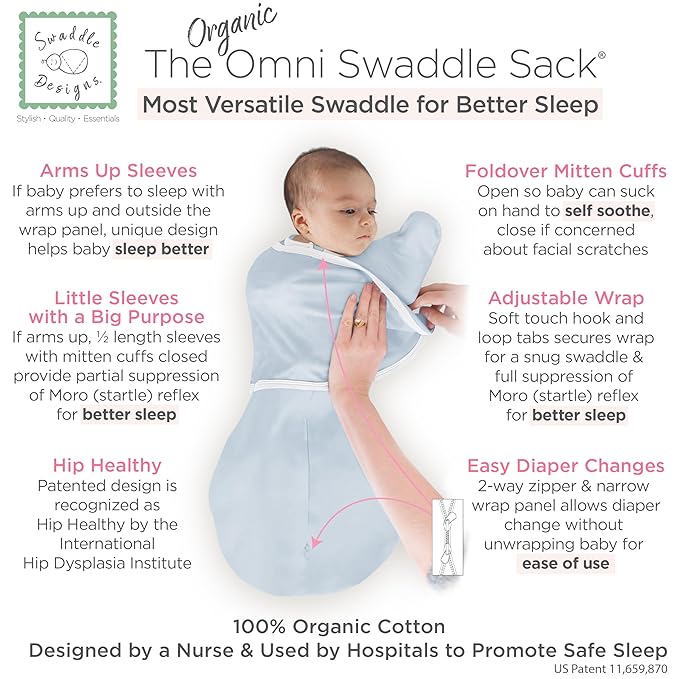 SwaddleDesigns Organic 6-Way Omni Swaddle Sack Arms Up Swaddle for Newborn, More Options to Calm Startle Reflex, Improves Sleep, 12-18 lbs, Soft Blue