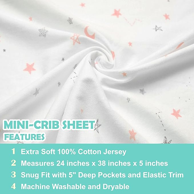 American Baby Company 2 Pack 100% Natural Cotton Fitted Mini Crib Sheets 38" x 24" - Soft & Breathable Small Nesting Portable Sheets, Fits Pack N Play Mattresses, Pink Stars/Zigzag, for Boys & Girls