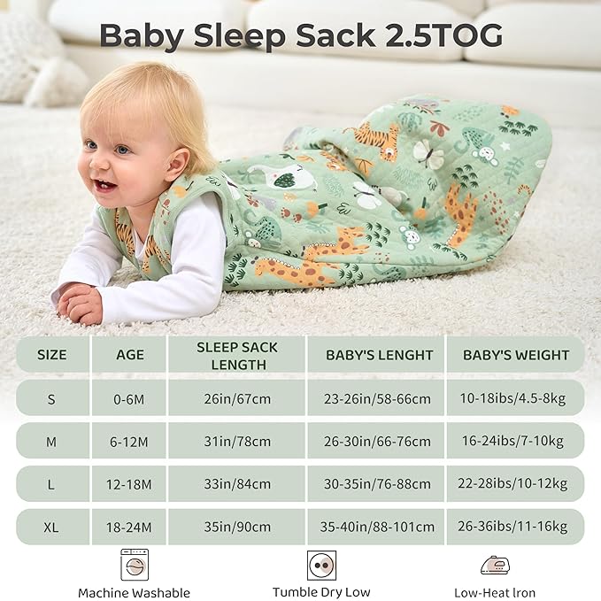 FIEMOL Baby Sleep Sack 0-6 Months 2.5 TOG, Winter Cotton Sleepsack Newborn and Infant, Warm Quilted Baby Wearable Blanket, Baby Sleeping Bag with 2-Way Zipper Green Animal