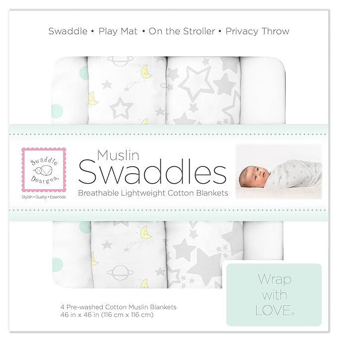 SwaddleDesigns Cotton Muslin Swaddle Blankets, Set of 4, Receiving Blankets for Baby Boys & Girls, Best Shower Gift, 46x46 inches, Goodnight Starshine