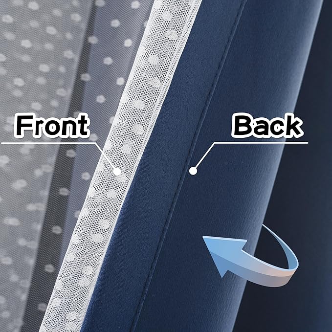 MYSKY HOME Navy Blue Blackout Curtains for Girls Bedroom & Nursery Kids Cute Curtains 63 inch Long Double Layer with Polka Dots Sheer, Grommet Tops, 52" Wide Each Panel, 2 Panels