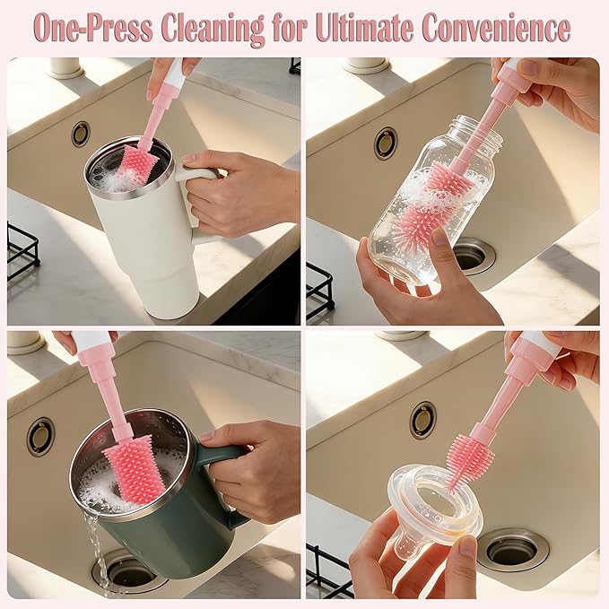 ZTX Self-Foaming Silicone Baby Bottle Brush Set - One Press Creates Rich Foam, Cleans Bottles, Breast Pump Parts & Nipples, Includes Detachable Brush & Travel Storage Bag, Pink