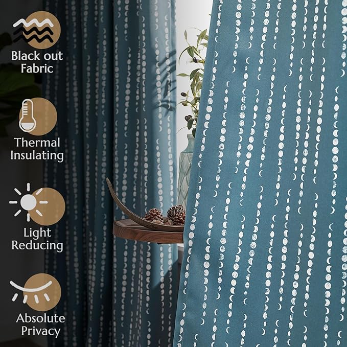 jinchan 95% Blackout Boho Curtains, Moon Phases Printed 63 Inches Long Blue Drapes for Bedroom Living Room Nursery Farmhouse, Rod Pocket Back Tab Thermal Insulated Window Treatment Set 2 Panels