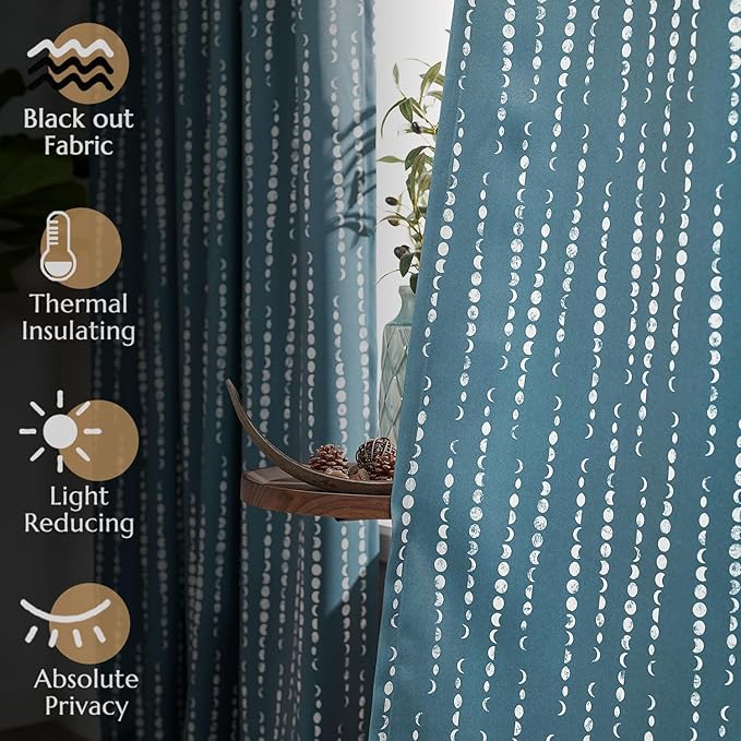 jinchan 95% Blackout Bohemian Moon Phase Print 84 Inch Long Blue Curtain Suitable for Bedroom, Living Room, Nursery, Farmhouse, Pole Mouth, Back Label, Insulated Window Treatment Set 2 Panels