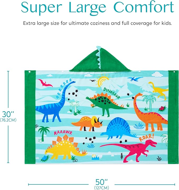 Joiedomi Hooded Towels for Kids Dinosaur Print Soft 100% Cotton Kids Beach Towel 30" x 50" for 3-10 Years Boys Girls Beach Hooded Poncho Absorbent Pool Toddler Swim Bath Wrap