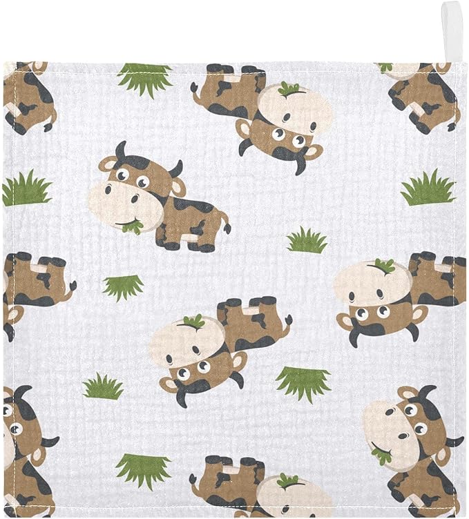 vvfelixl Cotton Brown Cow Grass Muslin Washcloths - Soft Baby Face Towel for Newborn Infants, 11.8 X 11.8 Inch, 5 Pack