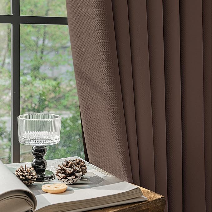 FMFUNCTEX 100% Blackout Curtains for Bedroom, Coffee Brown Curtains 90 Inches Long Textured Thermal Insulated Curtains for Living Room Drapes, Black Out Drapery Grommet Room Darkening 2 Panels