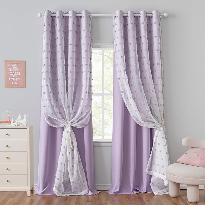 MYSKY HOME Lilac Curtains for Kids Bedroom 72 Inches Long Pom Pom Sheer Nursery Curtains for Girls Room 2 Layered Blackout Drapes for Toddler Grommet Room Darkening Window Panels 52 x 72 in, 2 Panels