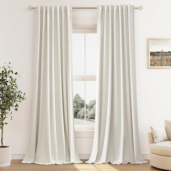 Guken Cream Linen Blackout Curtains 96 Inch Length 2 Panels Set for Living Room Bedroom Back Tab Thermal Insulated 100% Black Out Linen Drapes Room Darkening Window Curtains Ivory Natural