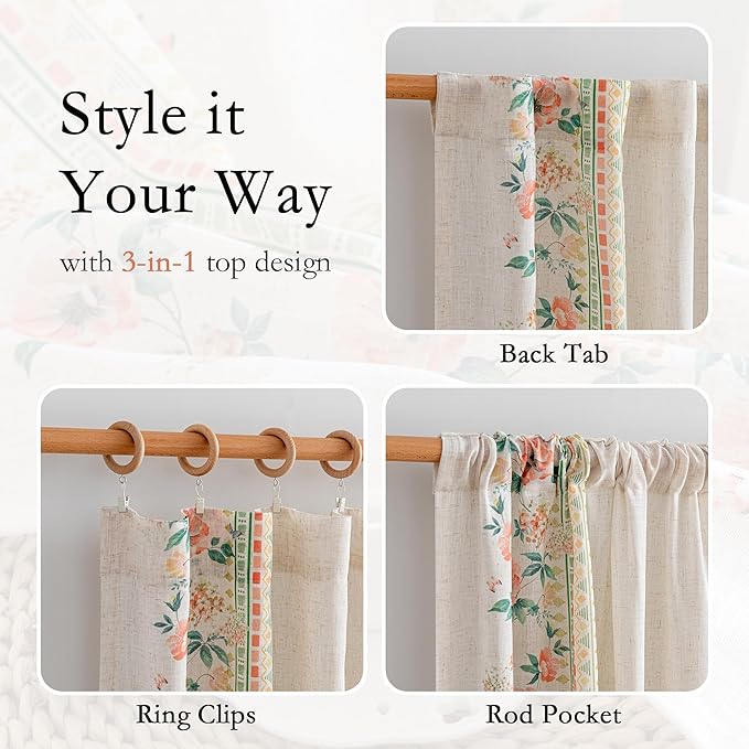 MYSKY HOME Boho Floral Curtains with Butterfly Linen Blend Curtain 84 inches Long for Living Room Bohemian Cottage Style Window Treatments Light Filtering Privacy Back Tab Drapes, 50'', Pink, 2 Pcs