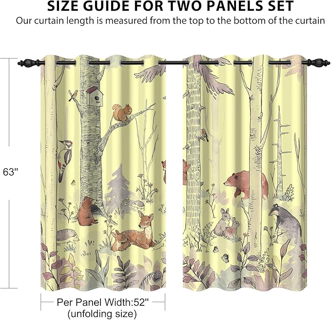 Kids Blackout Curtains for Nursery, Boy's Woodland Animal Print Curtains for Bedroom, Cartoon Room Darkening Window Drapes 2 Panels Set, Yellow, 52W x 63L