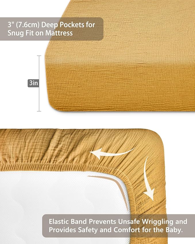 Pack and Play Sheets for Baby Boys and Girls 39"x27"x3", Neutral Muslin Cotton Pack N Play Mattresses Sheet with Boho Style, Soft and Breathable Comfort (Mustard Yellow)