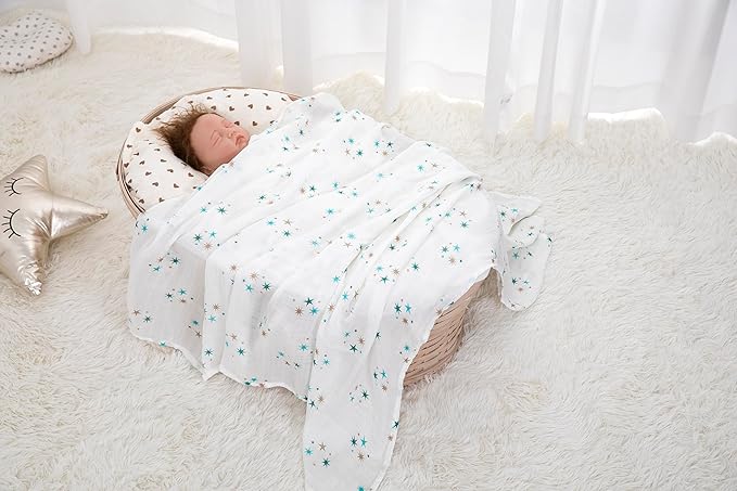 Muslin Swaddle Blankets for Baby Boys and Girls, 4-Pack Breathable and Skin-Friendly Receiving Blanket Wrap, Baby Essentials, Registry & Gift, 47 x 47 inches (Blue Sky)