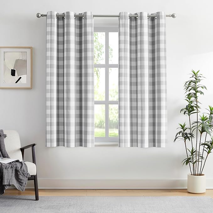 Amzdecor Buffalo Plaid Check Full Blackout Curtains Woven Checkered GEO Thermal Insulated Energy Efficient Drapes Grommet 2 Layers Window Treatment for Bedroom Living Room,2 Panels,40"x63",Gray White