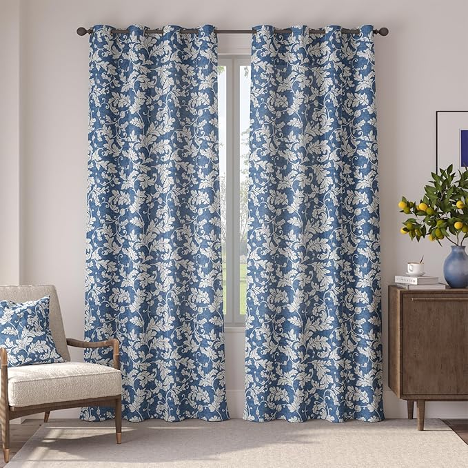 jinchan 80% Blackout Curtains for Bedroom, Blue Scroll Leaf Patterned Curtains 84 inch Length for Living Room, Farmhouse Vintage Drapes, Thermal Insulated Window Treatments, Grommet 2 Panels Blue
